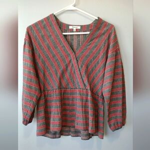 Madewell Peplum Bubble 3/4 Sleeve Crossover Top Size XS Red Gray